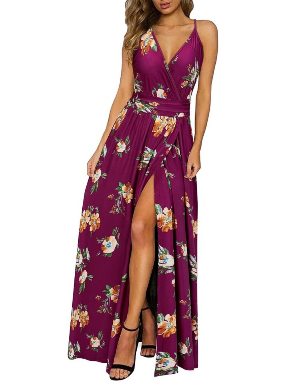 Lightweight Summer Maxi Dress for Weddings, Beach Vacations, V Neck, Flowy Split